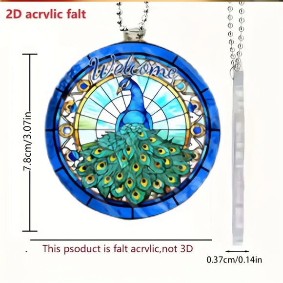 Peacock Feather “Welcome” Faux Stained Glass 2D Acrylic Pendant Ornament - Picture 3 of 5